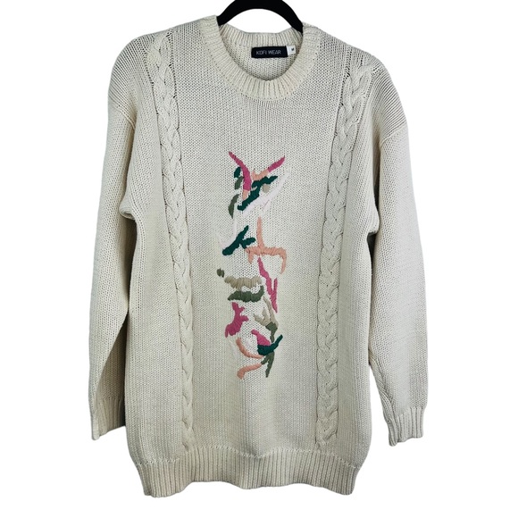 Vintage Kofi Wear Cream Knit Embroidered Crew-Neck Long sweater Dress - Picture 2 of 13